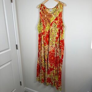 NEW‎ Tamsy Colorful Vibrant One Size Rayon Maxi Dress Abstract Print Sleeveless